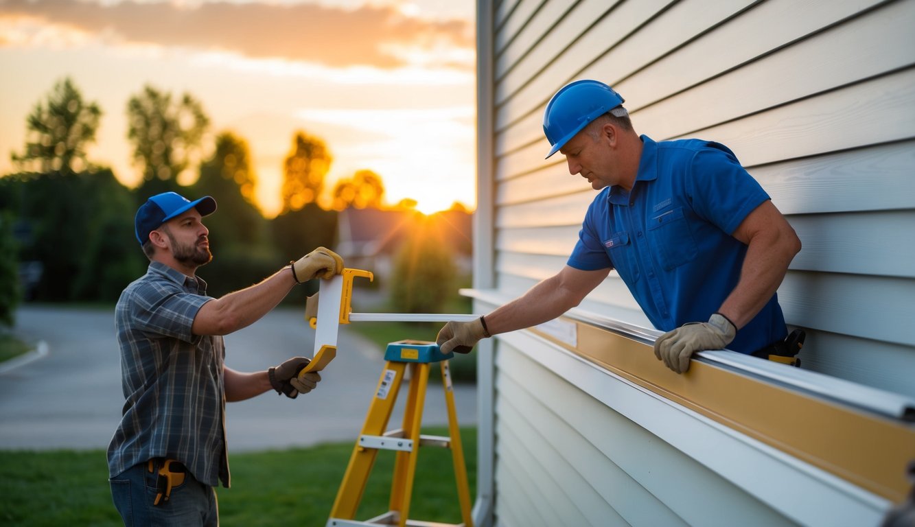 A siding contractor in Brantford, Ontario, working on a house, measuring, cutting, and installing new siding, while the sun sets in the background