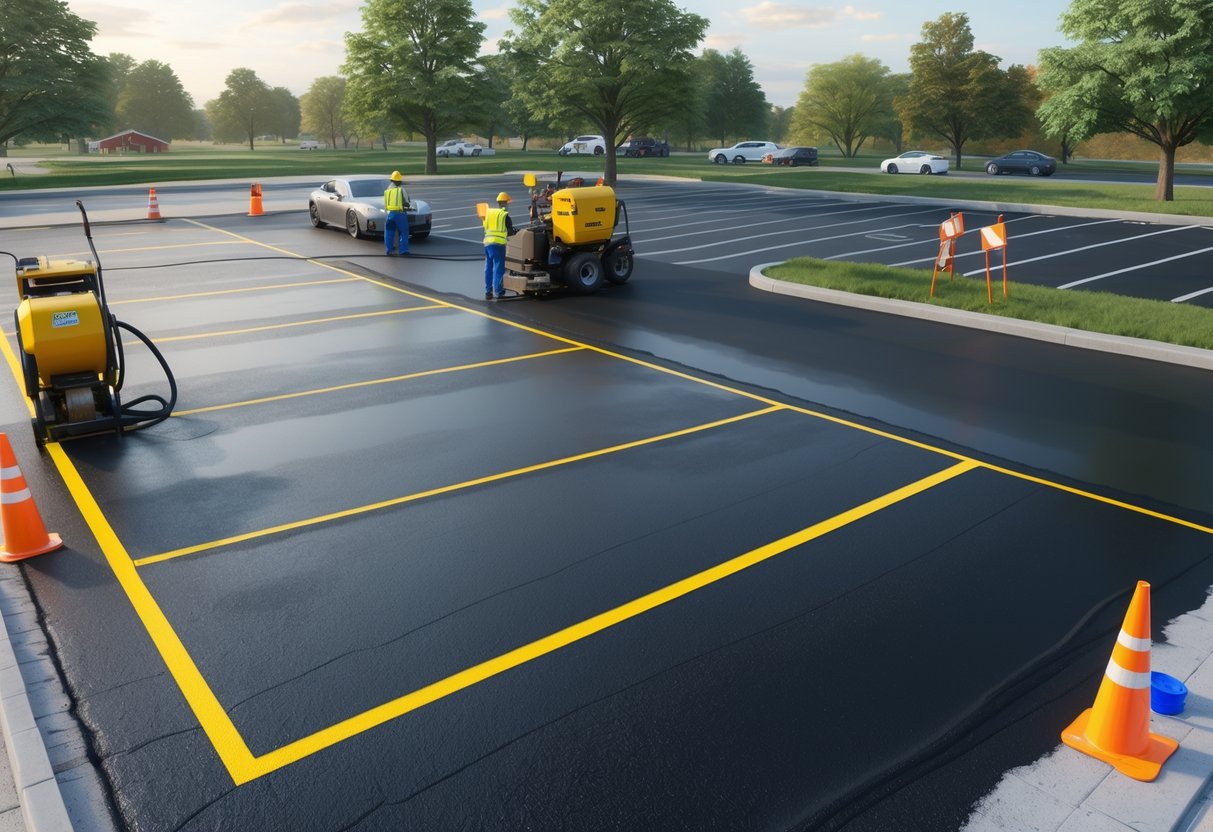 A parking lot in Brantford being sealcoated and having parking lines freshly painted by workers using specialized equipment.