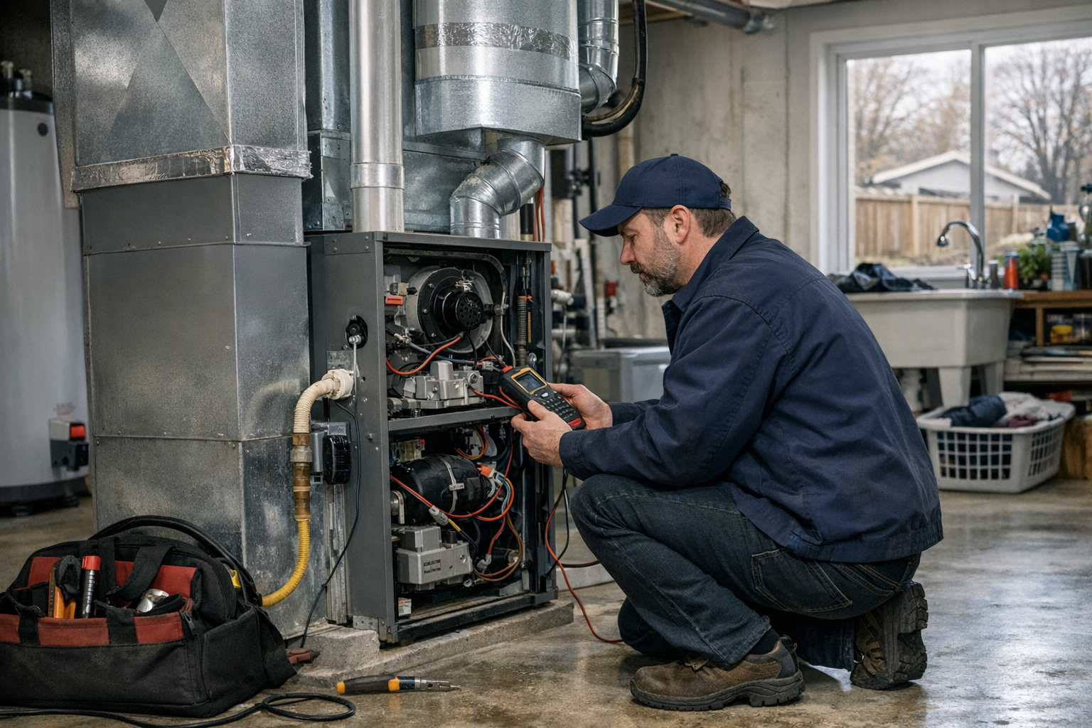HVAC technician inspecting an open furnace with diagnostic equipment